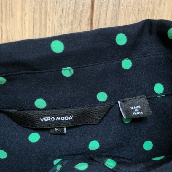 Womens Vero Moda Nicky Navy Green Polka Dot Tie front button up blouse size S - Picture 6 of 11